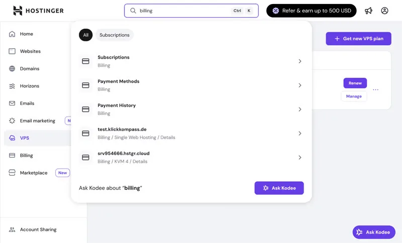 Hostinger dashboard